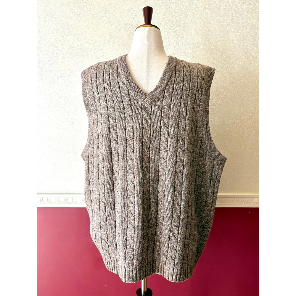 Vintage 90s Trader‎ Bay Silk Wool Cable Knit Sweater Vest Men's XL Neutral Brown